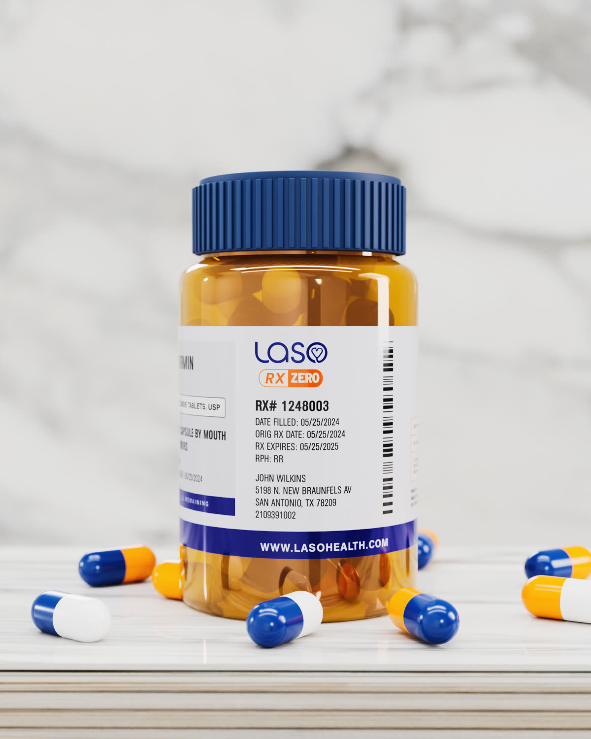 CGI render of a Laso RX Zero prescription bottle standing on marble surrounded by capsules